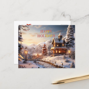 Gemütliches Dorf zur Weihnachtszeit Illustration Feiertagspostkarte