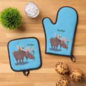 Gemütliches Elch-Cartoon-Illustration Ofenhandschuh & Topflappen-Set (Oben Unten)