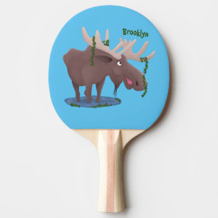 Gemütliches Elch-Cartoon-Illustration Tischtennis Schläger
