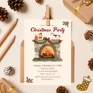 Gemütliches Fireplace Vintage Weihnachts-Party Einladung