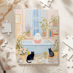 Gemütliches Ghost Reading in der Blase Bad mit sch Puzzle