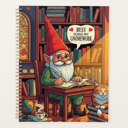 Gemütliches Gnome mit seinem Gnomework Planer (Vorderseite)