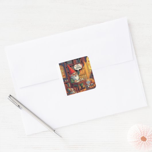 Gemütliches Gnome mit seinem Gnomework Quadratischer Aufkleber (Umschlag)