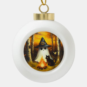 Gemütliches Halloween Ghost & Black Cat Campfire K Keramik Kugel-Ornament