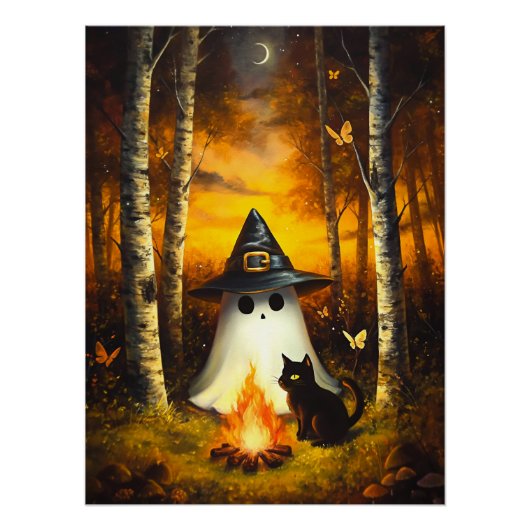 Gemütliches Halloween Ghost & Black Cat Campfire K Poster (Vorderseite)