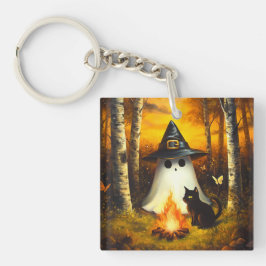 Gemütliches Halloween Ghost & Black Cat Campfire K Schlüsselanhänger
