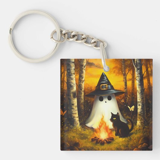 Gemütliches Halloween Ghost & Black Cat Campfire K Schlüsselanhänger (Vorderseite)