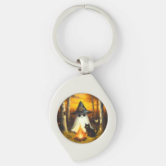 Gemütliches Halloween Ghost & Black Cat Campfire K Schlüsselanhänger (Vorderseite)