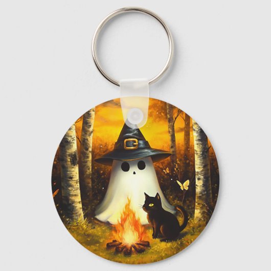 Gemütliches Halloween Ghost & Black Cat Campfire K Schlüsselanhänger (Vorderseite)