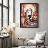 Gemütliches Halloween-Ghost und Katzenkratzer Herb Poster