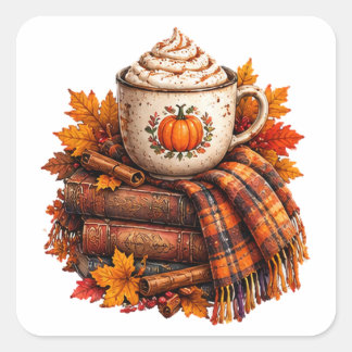 Gemütliches Herbst-Pumpkin-Latte-Bücher-Design Quadratischer Aufkleber