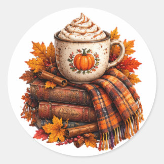 Gemütliches Herbst-Pumpkin-Latte-Bücher-Design Runder Aufkleber