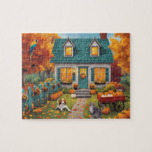 Gemütliches Herbsthäuschen mit Kürbissen Puzzle