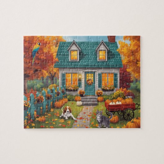 Gemütliches Herbsthäuschen mit Kürbissen Puzzle (Horizontal)