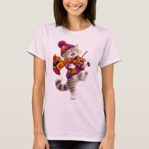 Gemütliches Herbstkatze-Geigen-T-Shirt für Frauen T-Shirt
