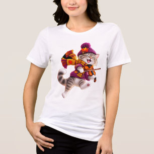 Gemütliches Herbstkatze-Geigen-T-Shirt für Frauen Tri-Blend Shirt