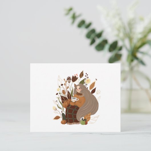 Gemütliches Herbstmädchen Postkarte (Stehend Vorderseite)