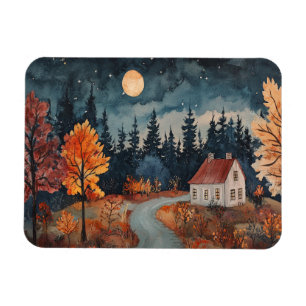 Gemütliches Herbstnacht Cottage   Wasserfarben Her Magnet