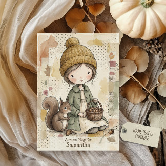 Gemütliches Herbstwald-Mädchen Eichhörnchen Herbst Karte