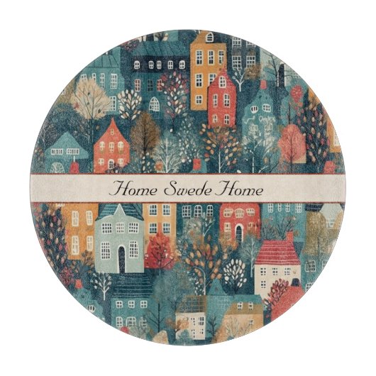 Gemütliches Hygge Village Nordic Folk Kunst, Brauc Schneidebrett (Vorderseite)