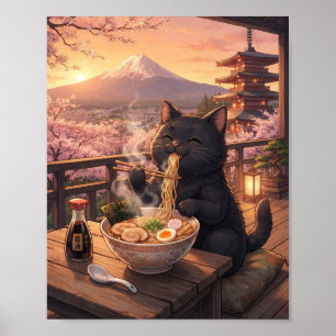 Gemütliches Japanisches Schwarzes-Katzen-Ramen-Pos Poster