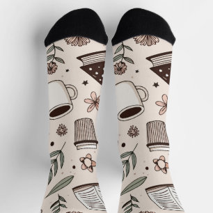 Gemütliches Kaffee- & Buchmuster Neutrale Ästhetik Socken