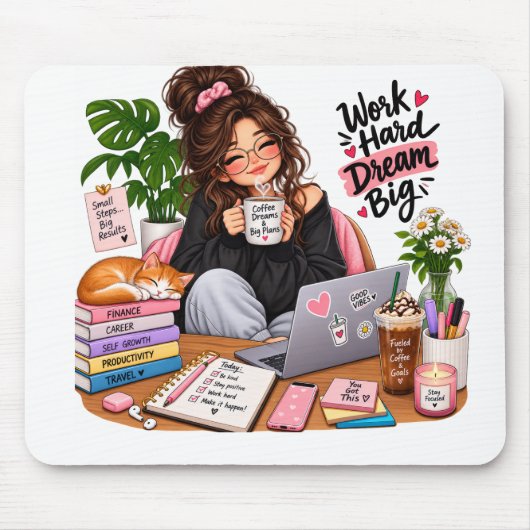 Gemütliches Kaffee-Studien-Mädchen – Hart arbeiten Mousepad (Vorne)