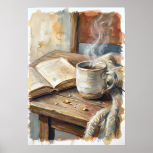 Gemütliches Kaffee- und Buch-Aquarellposter Hygg Poster