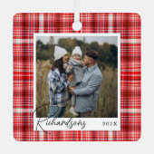 Gemütliches Kariertes, rotes und weißes Stoff Foto Ornament Aus Metall (Vorderseite)