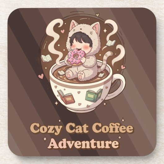 Gemütliches Katzenkaffee-Abenteuer-Kunst Getränkeuntersetzer (Vorderseite)