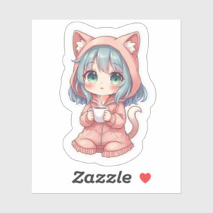 Gemütliches Kawaii-Anime-Mädchen mit Katzenpullove Aufkleber