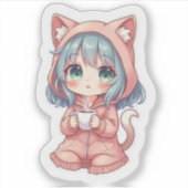 Gemütliches Kawaii-Anime-Mädchen mit Katzenpullove Aufkleber (Vorderseite)