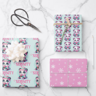 Gemütliches Kawaii Panda mit Eiscreme Kone Winter Geschenkpapier Set