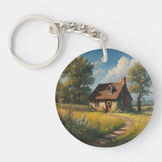 Gemütliches Landhaus in Ölmalerei - Blumenwiese  Schlüsselanhänger