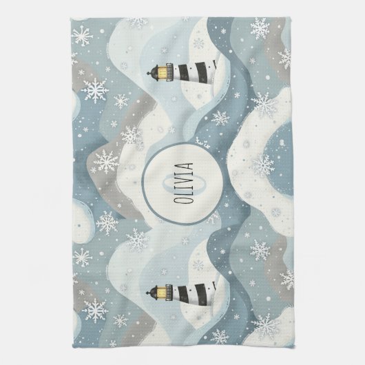 Gemütliches Leuchtturm mit Eiswellen Winter Schönh Geschirrtuch (Vertikal)