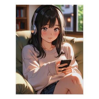 Gemütliches Lofi Anime Mädchen Kopfhörer Chill Vib Poster
