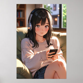 Gemütliches Lofi Anime Mädchen Kopfhörer Chill Vib Poster