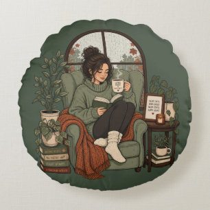 Gemütliches Mädchen Kaffee Bücher Regentage Vintag Rundes Kissen