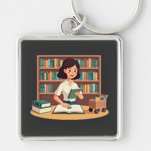Gemütliches Mädchen liest Bücherregal Schlüsselanhänger (Vorne)
