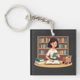 Gemütliches Mädchen liest Bücherregal Schlüsselanhänger
