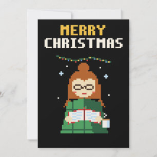 Gemütliches Mädchen liest Pixel-Art-Weihnachtskart Feiertagskarte