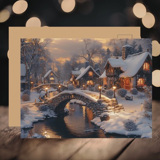 Gemütliches Moonlit Winter Stone Hütte Europäische Feiertagspostkarte