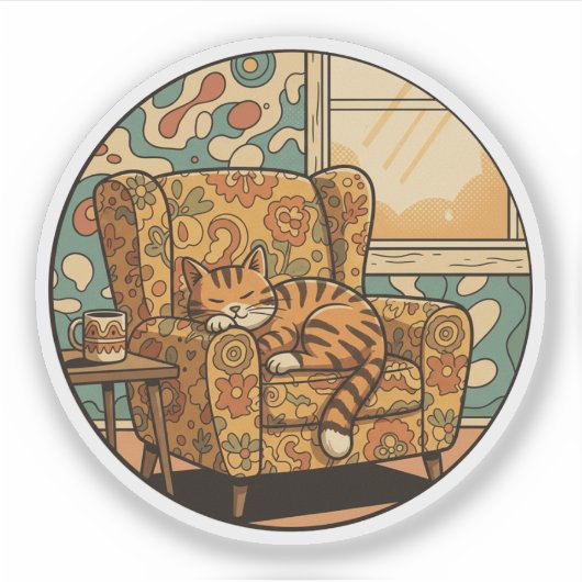 Gemütliches Napping Kat - Retro Blumen Sessel Trau Aufkleber (Vorderseite)
