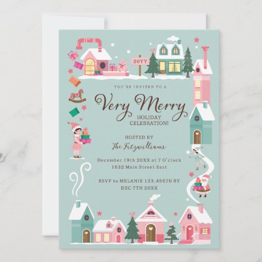 Gemütliches North Pole Pink Elf Workshop Weihnacht Einladung (Vorderseite)