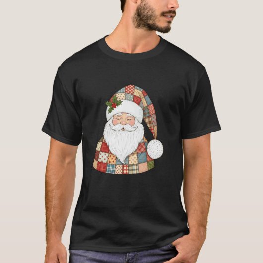 Gemütliches Patchwork-Weihnachtsmann-Design T-Shirt (Vorderseite)