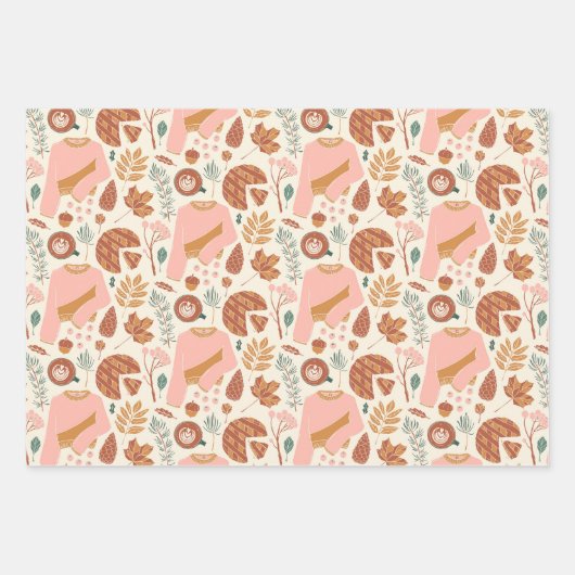 Gemütliches Pink & Brown Pinecones Kariert Holiday Geschenkpapier Set (Vorderseite)
