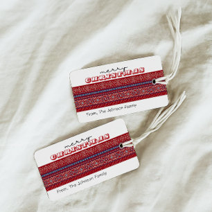 Gemütliches Red & Blue Sweater Frohe Weihnachten Geschenkanhänger