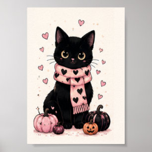 Gemütliches rosa Herz-Schal schwarze Katze Poster