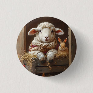 Gemütliches Schaf und Kaninchen im Stall mit Blume Button