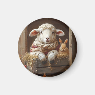 Gemütliches Schaf und Kaninchen im Stall mit Blume Magnet